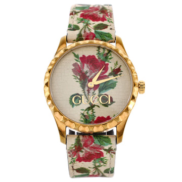 Gucci G-Timeless Flora Quartz Watch Stainless Steel and Leather 38