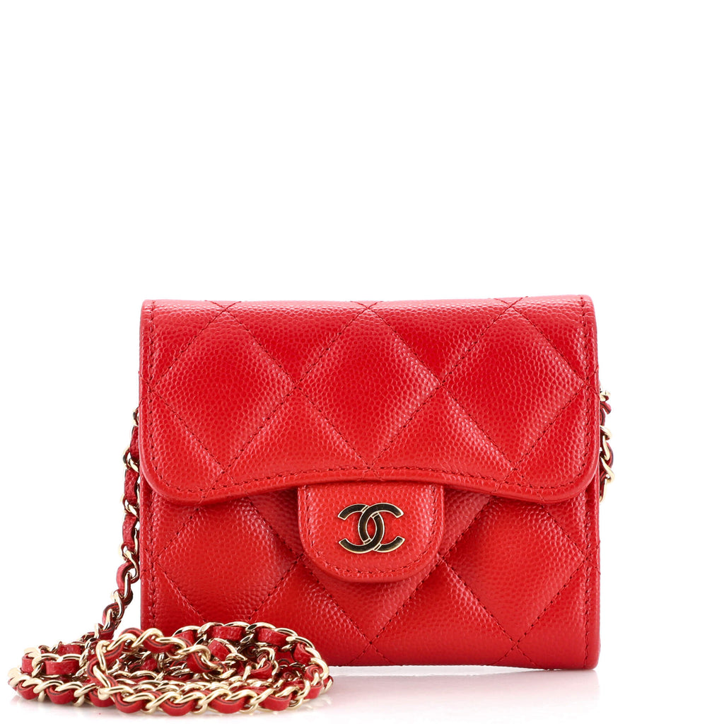 Chanel Classic Flap Card Holder on Chain Quilted Caviar Mini Red 21081527