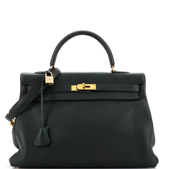Hermes Kelly Handbag Green Clemence with Gold Hardware 35