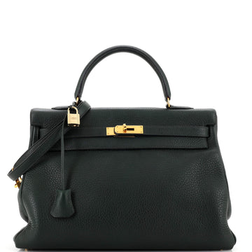 Hermes Kelly Handbag Green Clemence with Gold Hardware 35