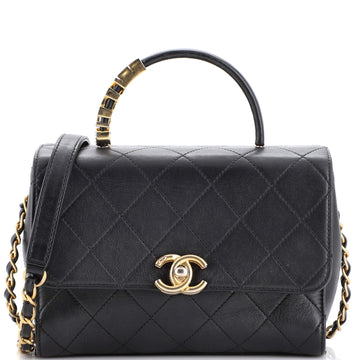 Chanel Pearl Logo Top Handle Flap Bag Quilted Lambskin