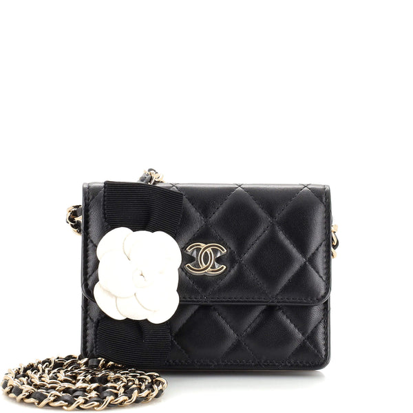 Chanel Camellia Bow Flap Card Holder with Chain Quilted