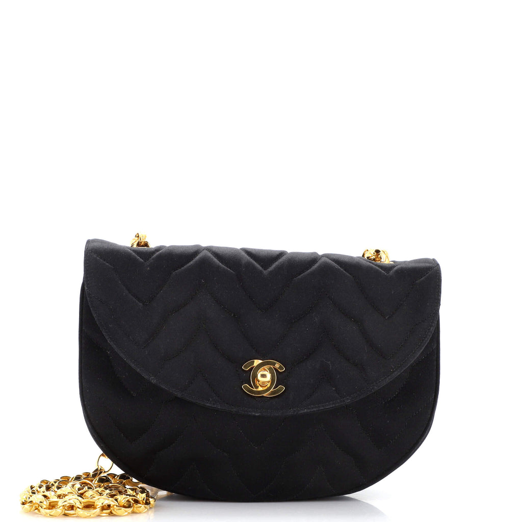 Chanel Vintage Round Flap Bag Chevron Satin Mini Black 21130631
