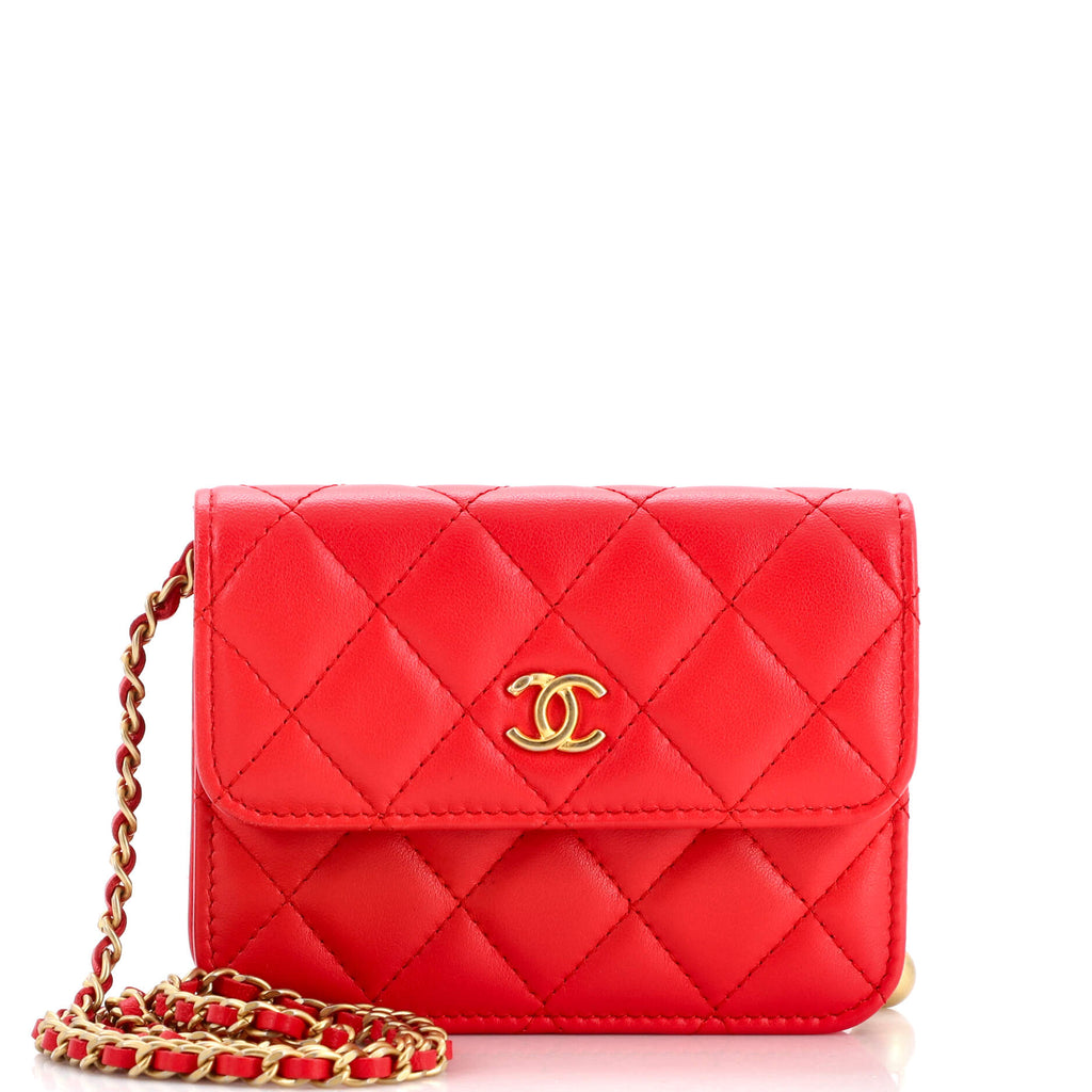 Chanel Pearl Crush Flap Clutch with Chain Quilted Lambskin Mini Red 21130649