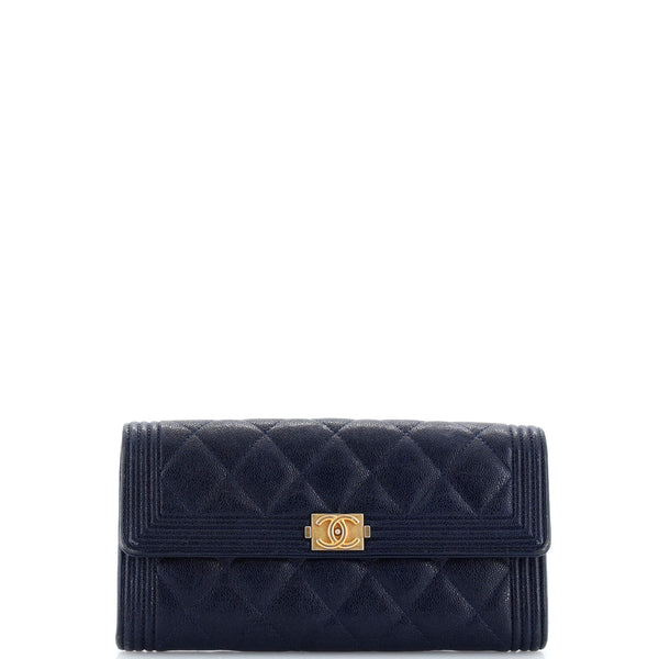 Blue Quilted Caviar Long Flap Wallet