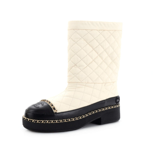 CHANEL Leather Quilted Cap Toe Boots 39.5 Beige Black 80350