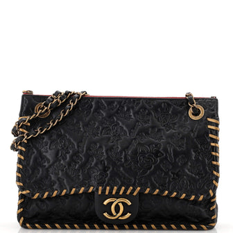 Chanel Top Zip Flap Bag Embossed Leather with Whipstitch Medium