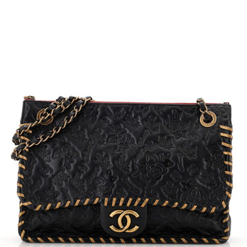 Chanel Top Zip Flap Bag Embossed Leather with Whipstitch Medium