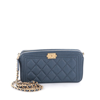 Chanel Boy Double Zip Around Wallet on Chain Quilted Caviar Blue