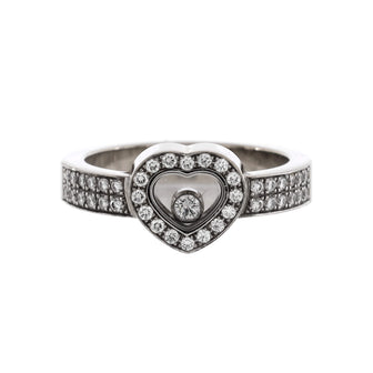 Chopard Happy Diamonds 1 Diamond Heart Band Ring 18K White Gold with 2 Row Pave Diamonds and 1 Floating Diamond