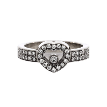 Chopard Happy Diamonds 1 Diamond Heart Band Ring 18K White Gold with 2 Row Pave Diamonds and 1 Floating Diamond