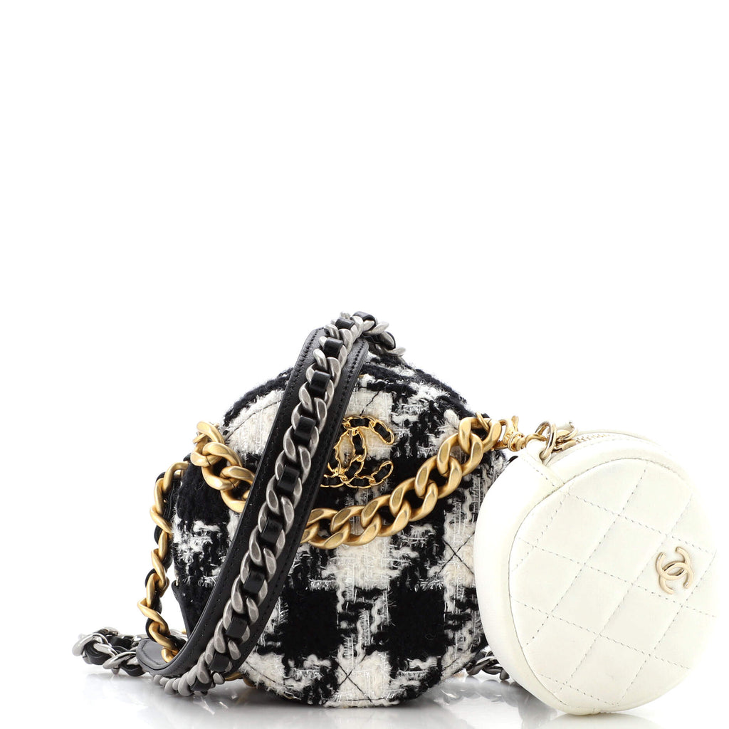 Chanel 19 Round Clutch with Chain and Coin Purse Quilted Tweed and Lambskin  Black 2118281