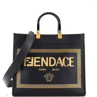 Fendi x Versace Fendace Black Canvas Convertible Large Shopping Tote 8BH395