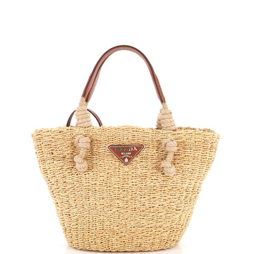 Prada Knotted Basket Tote Woven Raffia with Leather Small