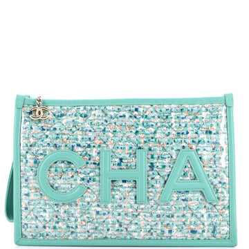 Chanel Logo Wristlet Clutch PVC Over Quilted Tweed Large
