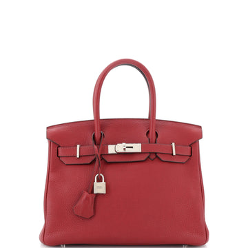 Hermes Birkin Handbag Red Clemence with Palladium Hardware 30