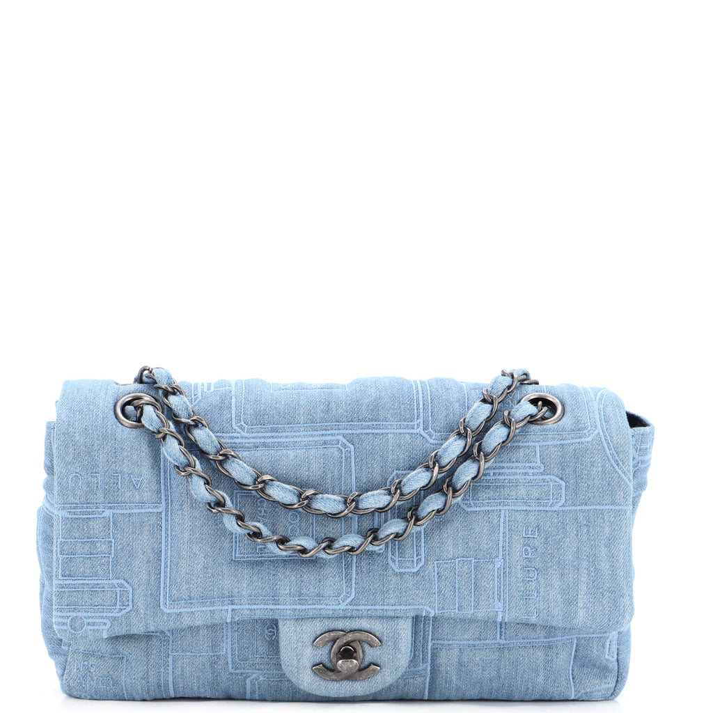 Chanel Perfume Bottle Classic Single Flap Bag Embroidered Denim Medium Blue  21197259