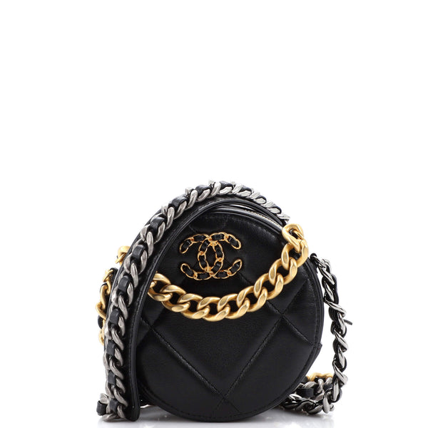 Chanel 19 Round Clutch with Chain Quilted Leather Black 21199122