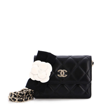 Chanel Camellia Bow Flap Card Holder with Chain Quilted Lambskin