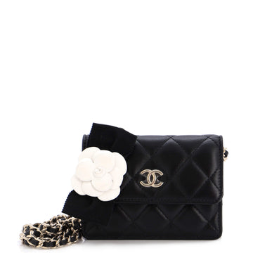 Chanel Camellia Bow Flap Card Holder with Chain Quilted Lambskin