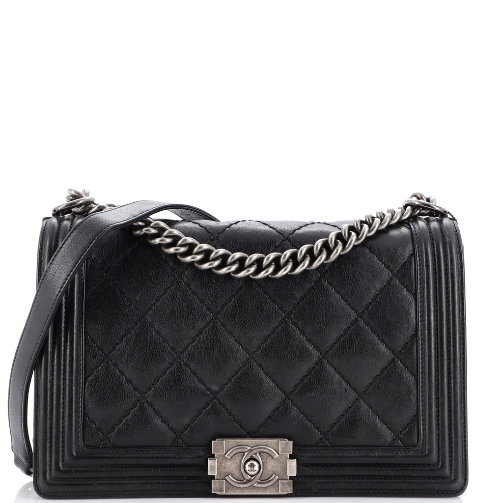 Chanel Double Stitch Boy Flap Bag Quilted Calfskin New Medium Black 2120611