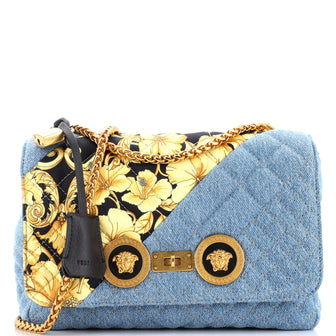 Versace Medusa Padlock Icon Flap Bag Quilted Printed Denim Medium