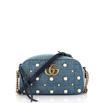 Gucci Pearly GG Marmont Shoulder Bag Embellished Matelasse Denim Small