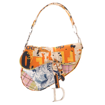 Christian Dior Vintage Saddle Bag Printed Canvas Medium