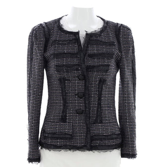 Chanel Women's Collarless Button Up Jacket Tweed with Lace and Faux Leather