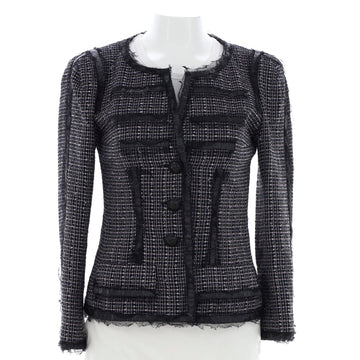 Chanel Women's Collarless Button Up Jacket Tweed with Lace and Faux Leather