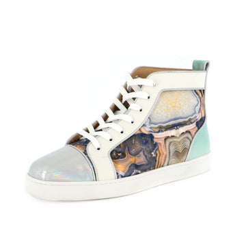 Christian Louboutin Men's Louis Flat High-Top Sneakers Printed Fabric with Patent