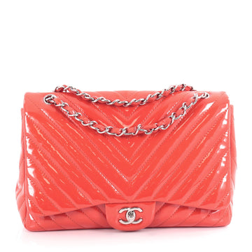 Chanel Classic Single Flap Bag Chevron Patent Jumbo Red