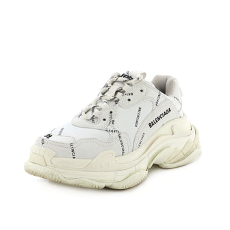 Balenciaga Men's Allover Logo Triple S Sneakers Printed Technical Fabric and Faux Leather
