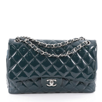 Chanel Classic Double Flap Bag Quilted Patent Jumbo Blue