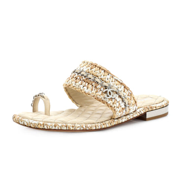 Chanel Women's CC Toe Ring Slide Sandals Woven Raffia with Leather