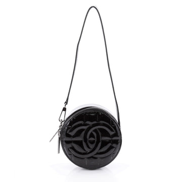 Chanel Vintage Chocolate Bar Round Shoulder Bag Quilted Patent Small Black