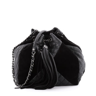Chanel Patchwork Drawstring Bag Quilted Leather and Suede Small Black