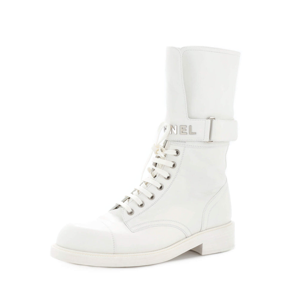 Chanel Logo Buckle Combat Boots Leather White 2131973