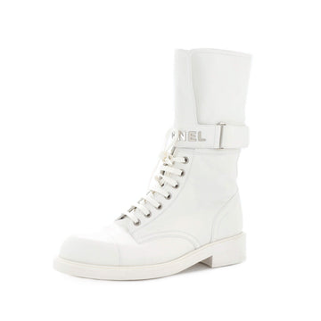 Chanel Logo Buckle Combat Boots Leather