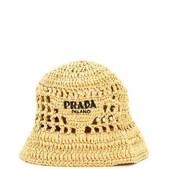 Prada Triangle Logo Bucket Hat Woven Raffia