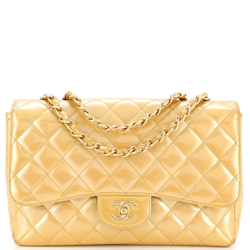 Chanel Classic Single Flap Bag Quilted Patent Jumbo Gold 2132481