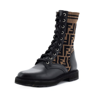 Fendi Women's Rockoko Combat Boots Leather and Zucca Knit Stretch Fabric