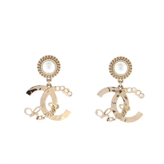 Chanel Coco Script CC Drop Earrings Metal with Faux Pearls and Crystals