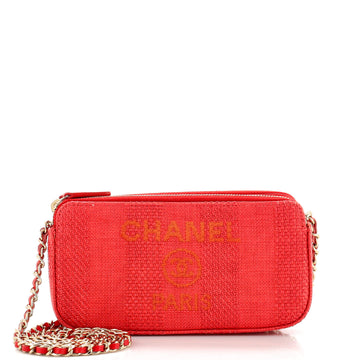 Chanel Deauville Double Zip Clutch with Chain Strpied Raffia