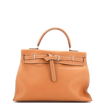 Hermes Kelly Flat Handbag Brown Swift with Palladium Hardware 35