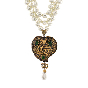 Gucci GG Marmont Heart Triple Strand Necklace Metal with Faux Pearls and Crystals