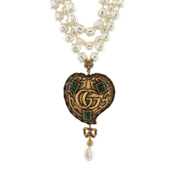 Gucci GG Marmont Heart Triple Strand Necklace Metal with Faux Pearls and Crystals
