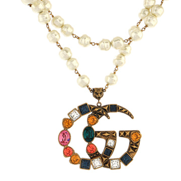 Gucci Ornate GG Station Long Necklace Metal with Faux Pearls and Crystals