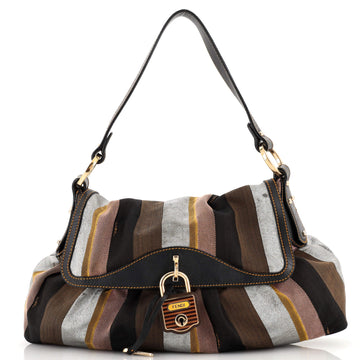 Fendi Chef Lock Flap Bag Striped Canvas and Leather Large