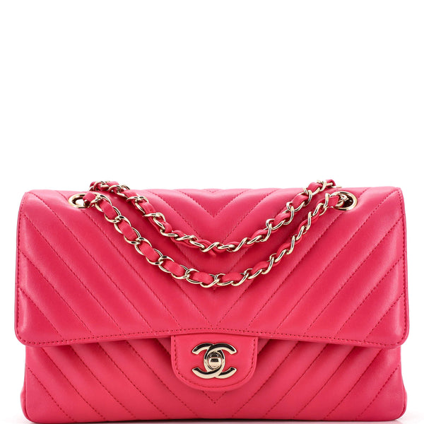 Chanel Pink Quilted Chevron Leather Classic Medium Double Flap Bag - Chanel